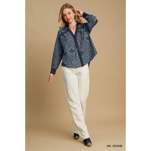 Umgee Paisley Pattern Long Sleeves Buttoned Relaxed Fit Dark Denim Shirt Jacket - Picture 6 of 7